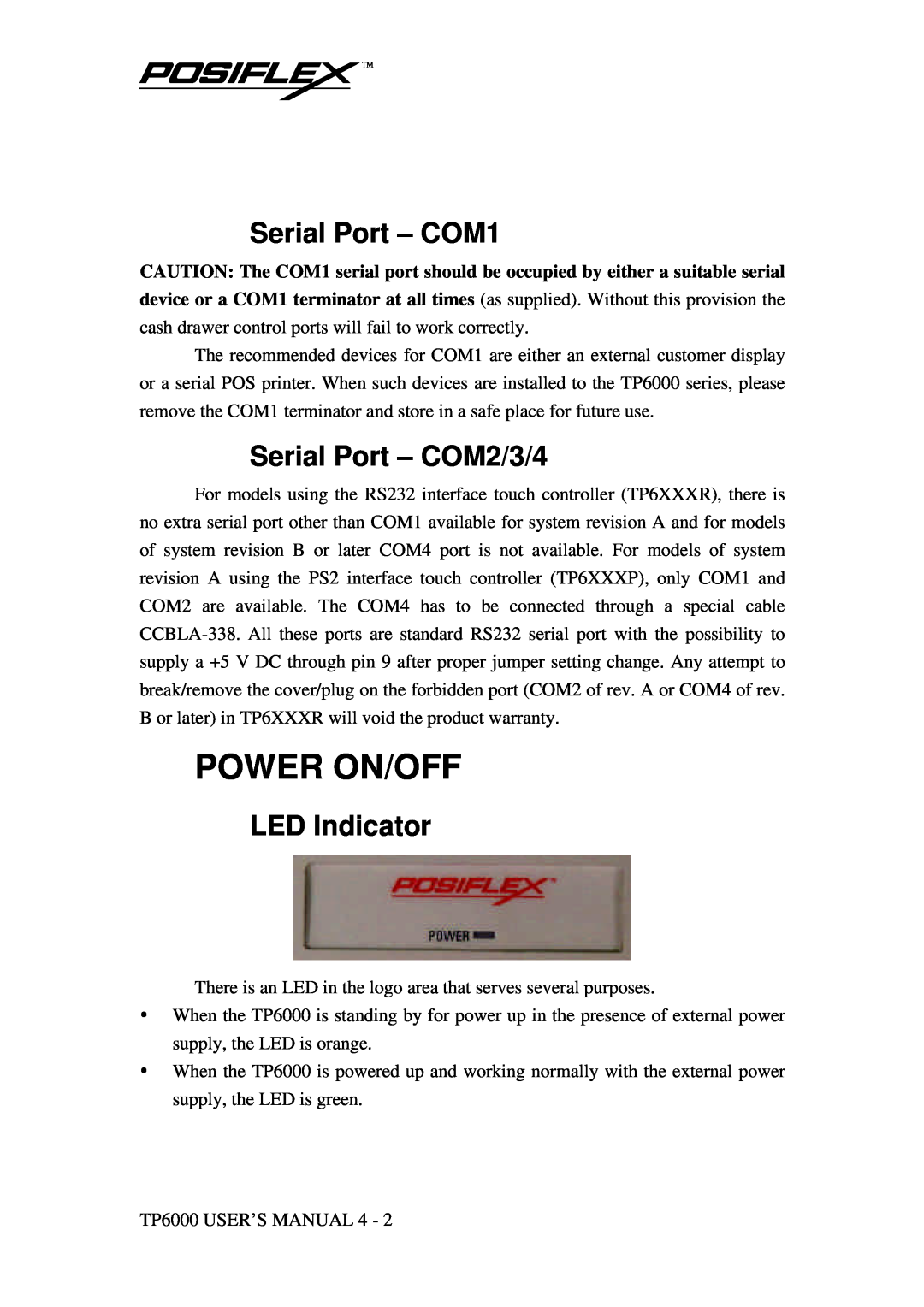 Mustek TP-6000 user manual Power On/Off, Serial Port - COM1, Serial Port - COM2/3/4, LED Indicator 