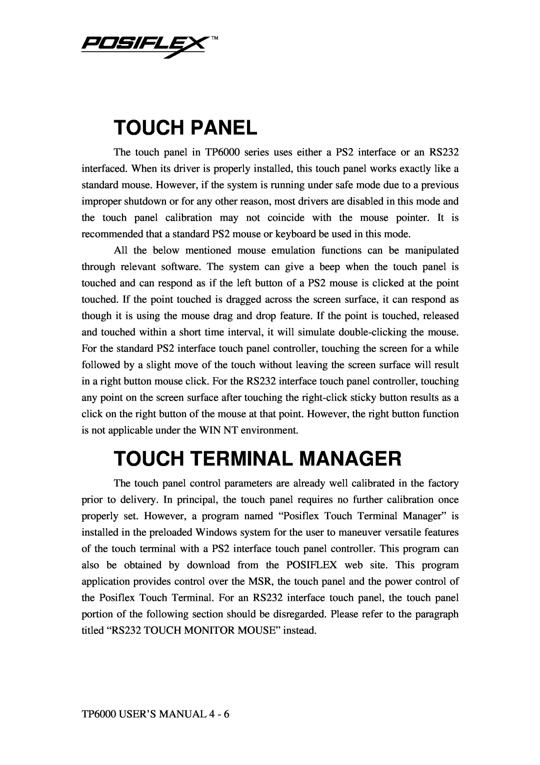 Mustek TP-6000 user manual Touch Panel, Touch Terminal Manager 