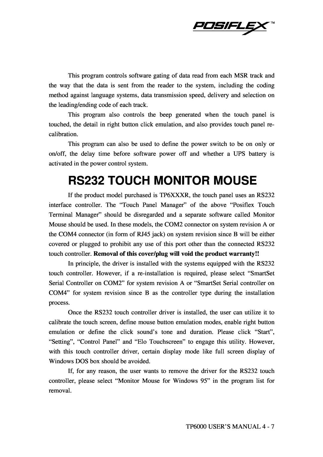Mustek TP-6000 user manual RS232 TOUCH MONITOR MOUSE 
