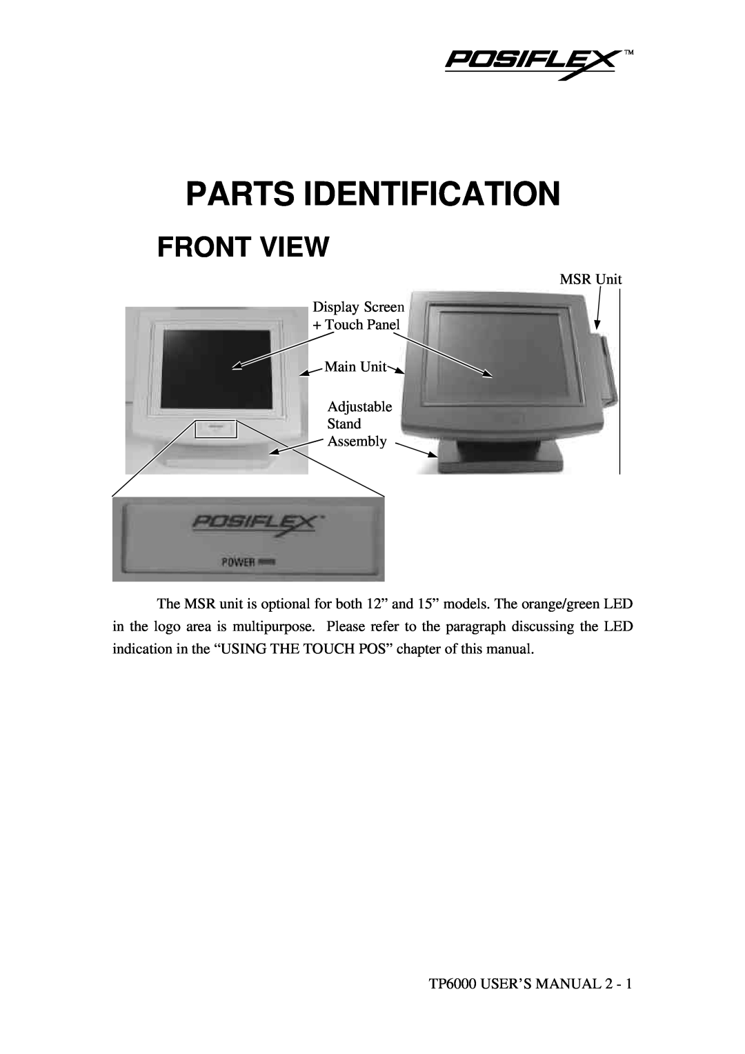 Mustek TP-6000 user manual Parts Identification, Front View 
