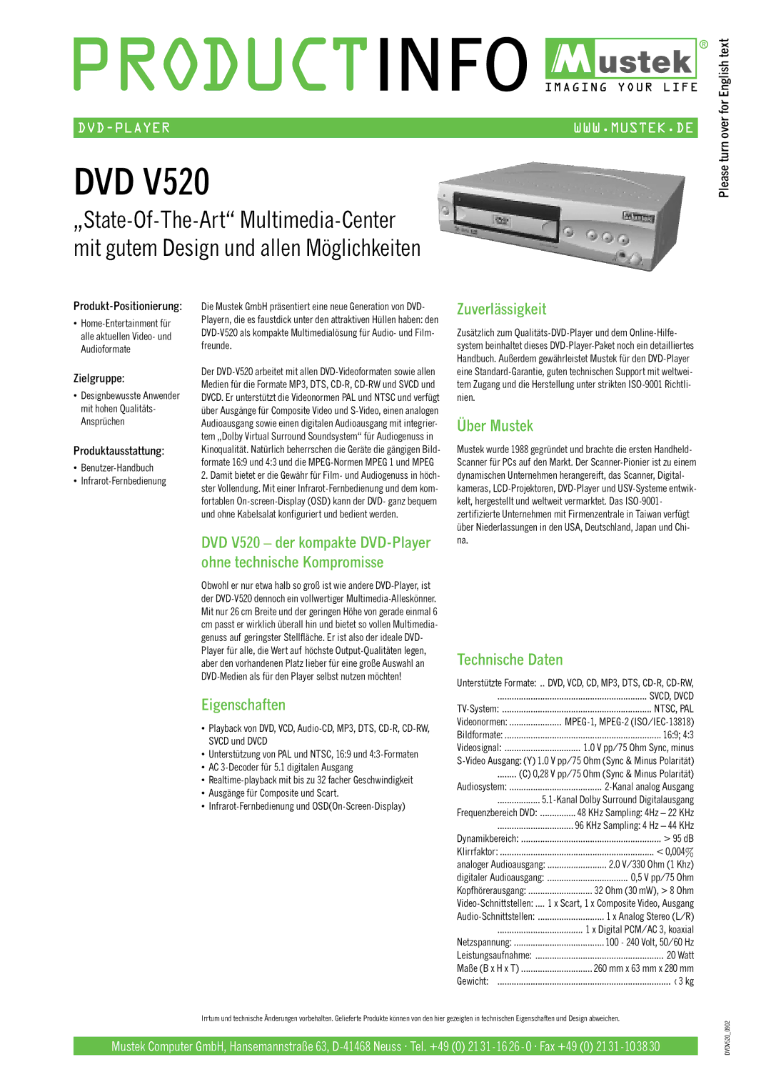 Mustek V520 technical specifications Eigenschaften, Zuverlässigkeit, Über Mustek, Technische Daten 