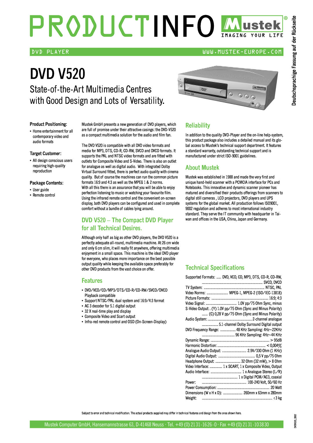 Mustek V520 technical specifications Features, Reliability, About Mustek, Technical Specifications, Dvd Player 