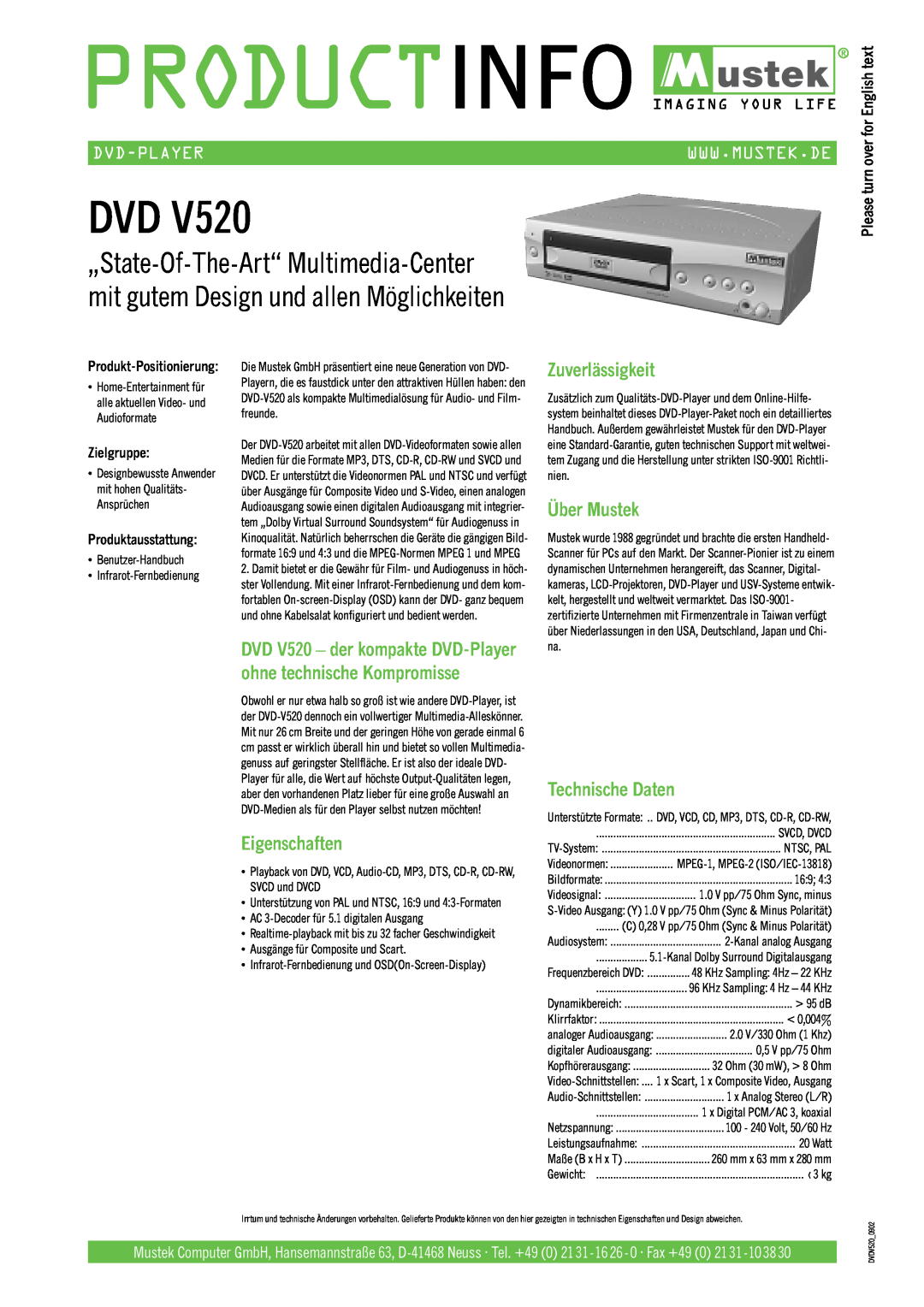Mustek V520 Eigenschaften, Zuverlässigkeit, Über Mustek, Technische Daten, Dvd-Player, Zielgruppe, Produktausstattung 