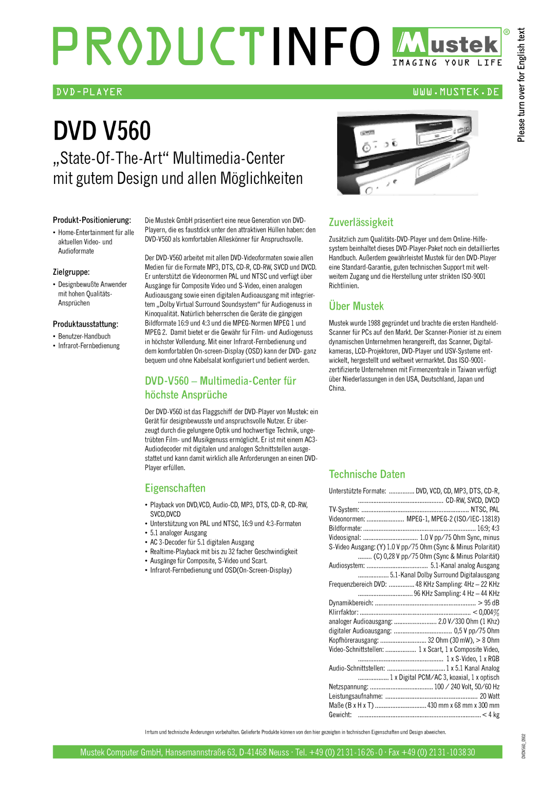 Mustek V560 technical specifications Eigenschaften, Zuverlässigkeit, Über Mustek, Technische Daten 