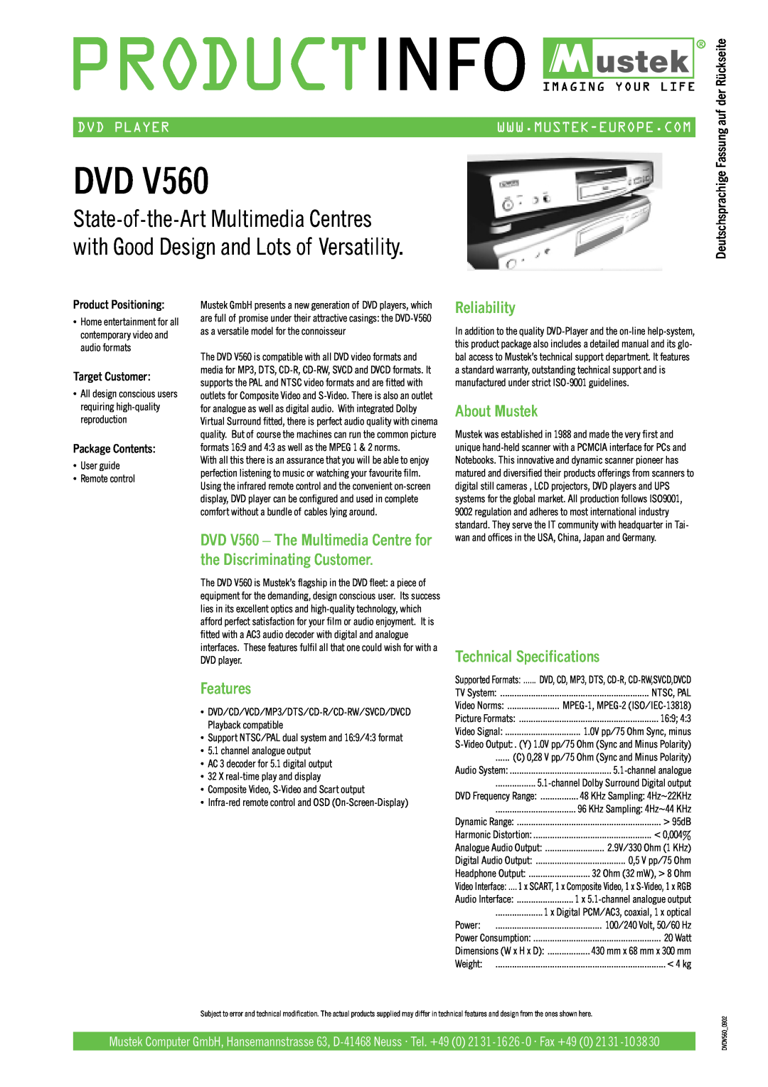 Mustek V560 technical specifications Features, Reliability, About Mustek, Technical Specifications, Dvd Player 