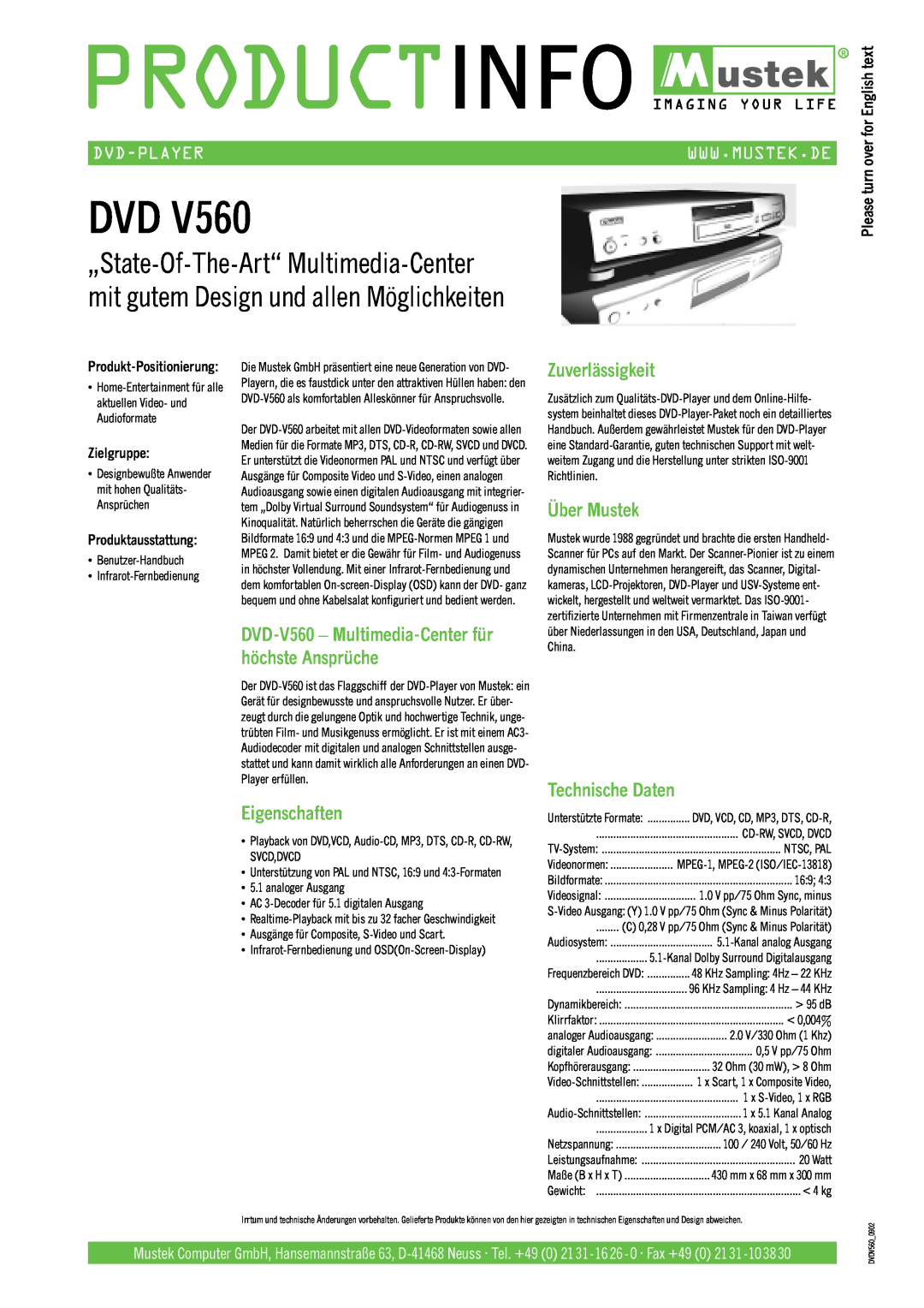 Mustek V560 Eigenschaften, Zuverlässigkeit, Über Mustek, Technische Daten, Dvd-Player, Zielgruppe, Produktausstattung 