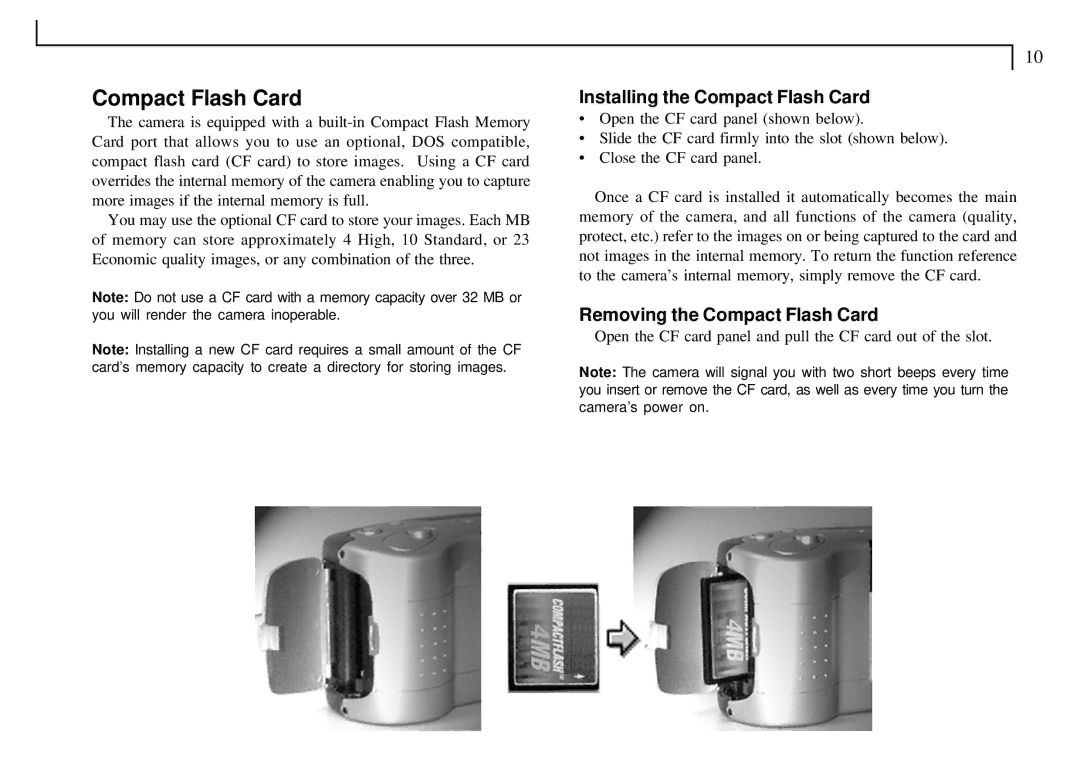 Mustek VDC-300 user manual Installing the Compact Flash Card, Removing the Compact Flash Card 