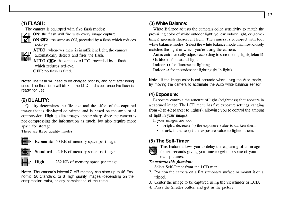 Mustek VDC-300 user manual Flash, White Balance, Exposure, Self-Timer, To activate this function 