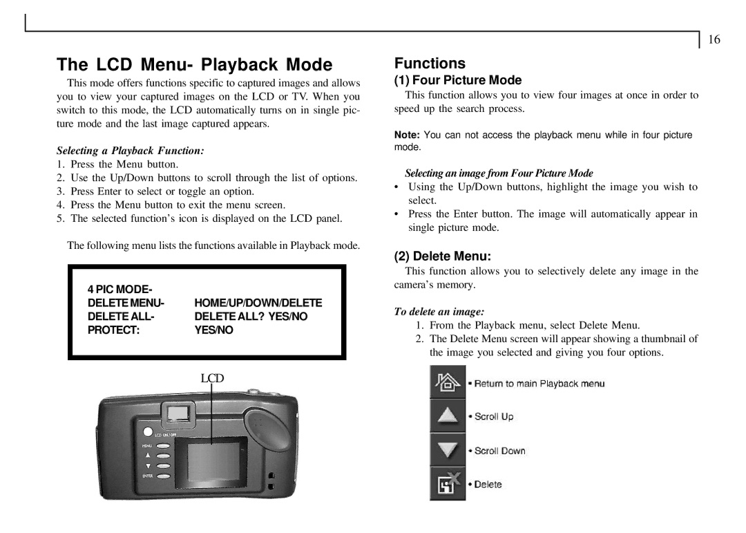 Mustek VDC-300 user manual LCD Menu- Playback Mode, Four Picture Mode, Delete Menu 