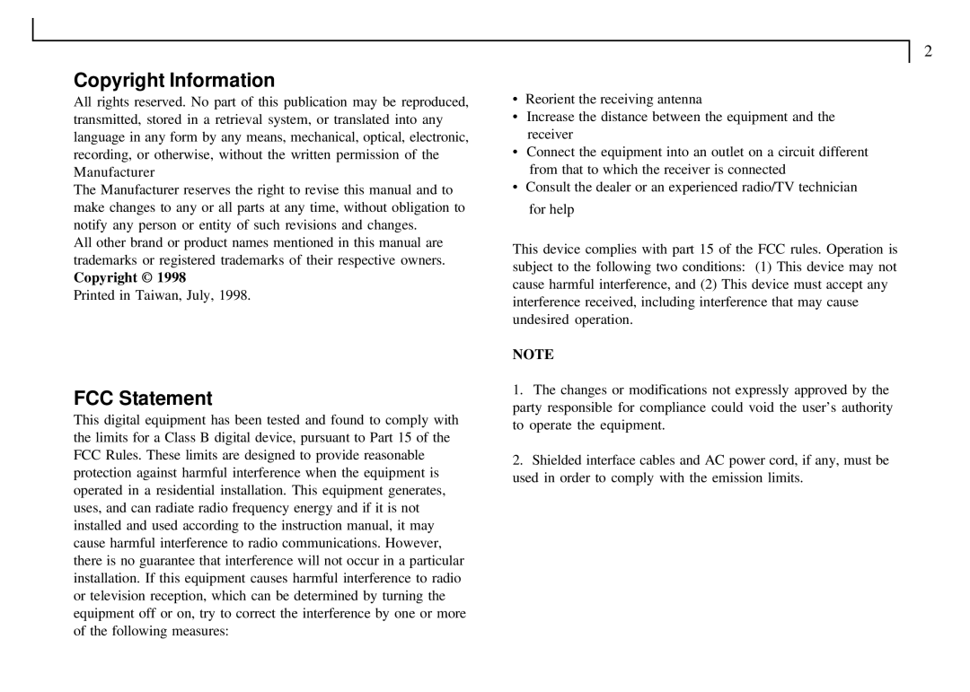 Mustek VDC-300 user manual Copyright Information, FCC Statement 