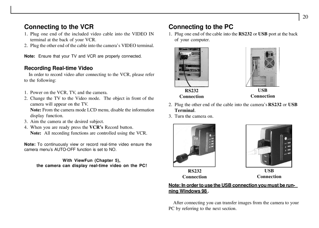 Mustek VDC-300 user manual Connecting to the VCR, Connecting to the PC, Recording Real-time Video, Connection, RS232 