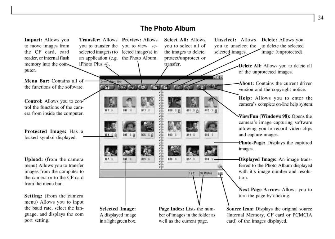 Mustek VDC-300 user manual Photo Album, Select All Allows Unselect Allows, Protected Image Has a locked symbol displayed 