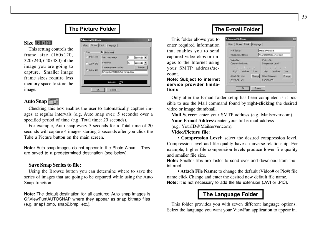 Mustek VDC-300 user manual Picture Folder, Auto Snap, Save Snap Series to file, E-mail Folder, Language Folder 