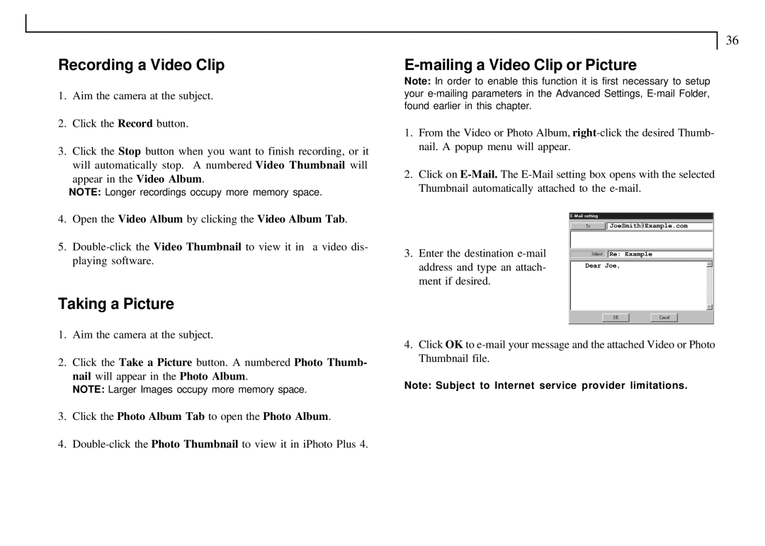 Mustek VDC-300 user manual Recording a Video Clip, Taking a Picture, Mailing a Video Clip or Picture 