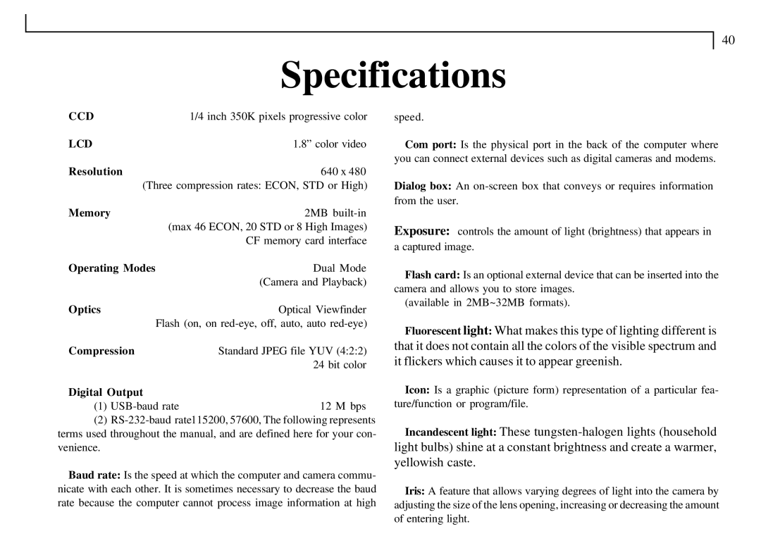 Mustek VDC-300 user manual Resolution, Memory, Operating Modes, Optics, Compression, Digital Output 