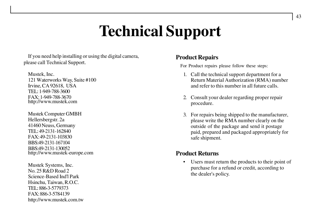 Mustek VDC-300 user manual Technical Support 