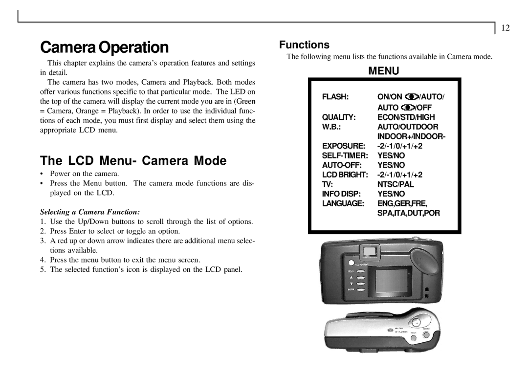 Mustek VDC-300 user manual LCD Menu- Camera Mode, Functions, Selecting a Camera Function 