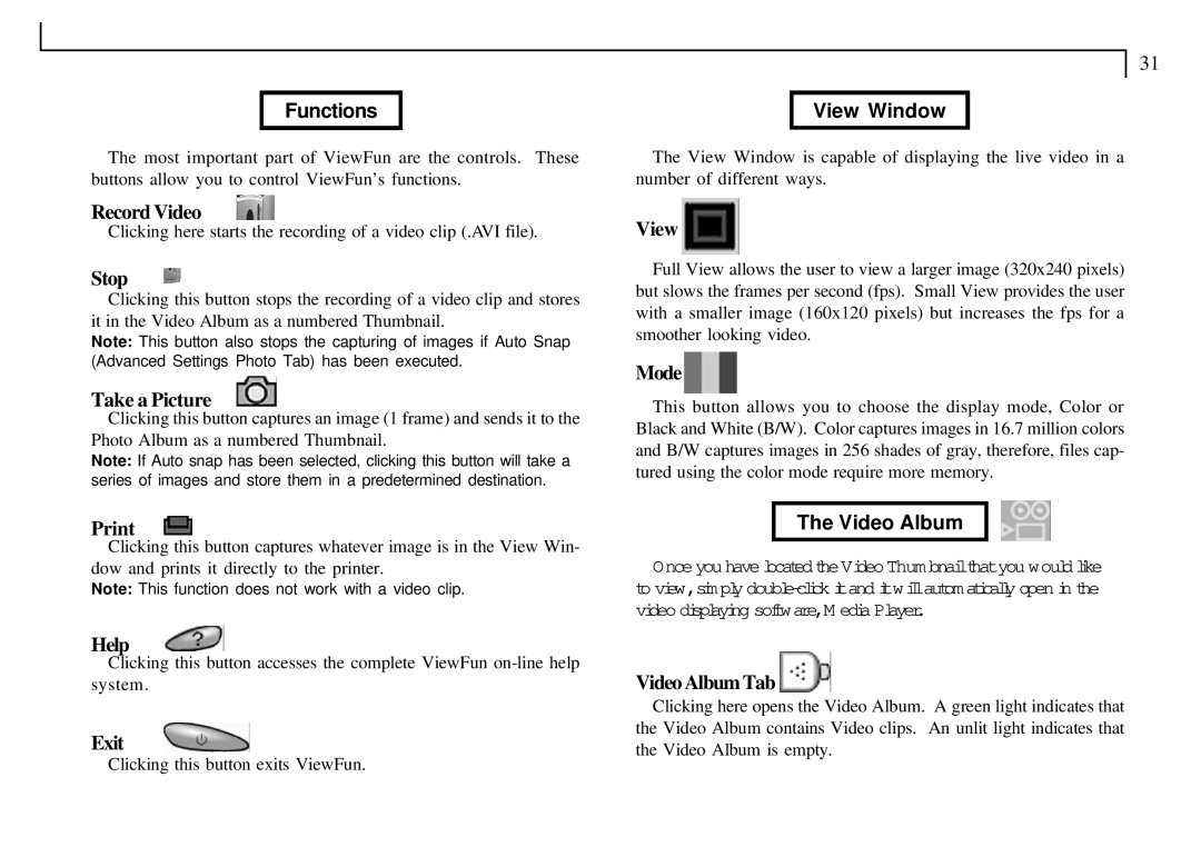 Mustek VDC-300 user manual Functions, View Window, Video Album 