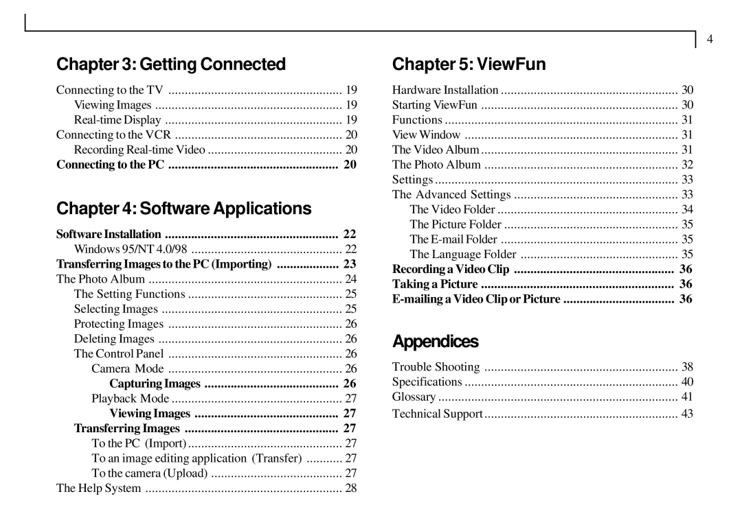 Mustek VDC-300 user manual Getting Connected, Software Applications, ViewFun, Appendices 