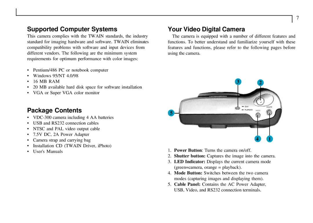 Mustek VDC-300 user manual Supported Computer Systems, Package Contents, Your Video Digital Camera 