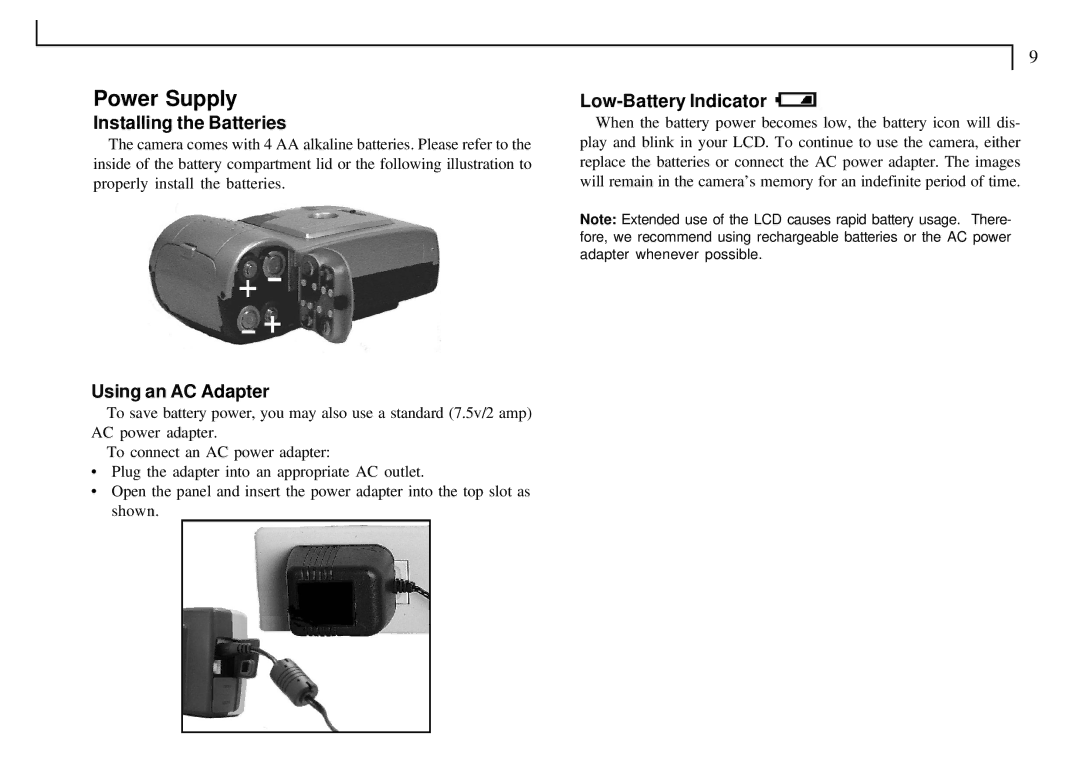 Mustek VDC-300 user manual Power Supply, Installing the Batteries, Low-Battery Indicator, Using an AC Adapter 