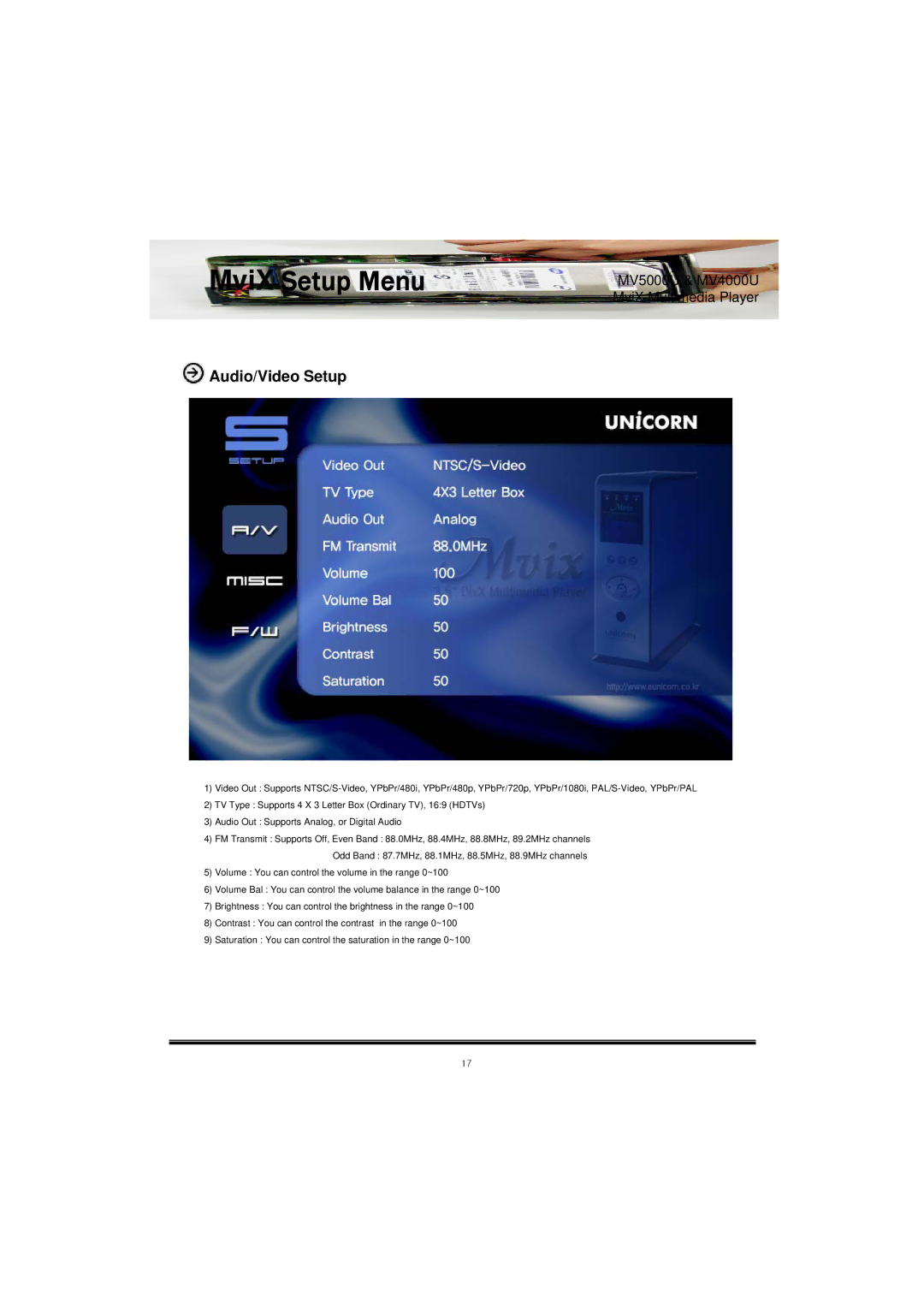 Mvix MV5000U, MV-5000U, MV-4000U, MV4000U user manual MviX Setup Menu, Audio/Video Setup 