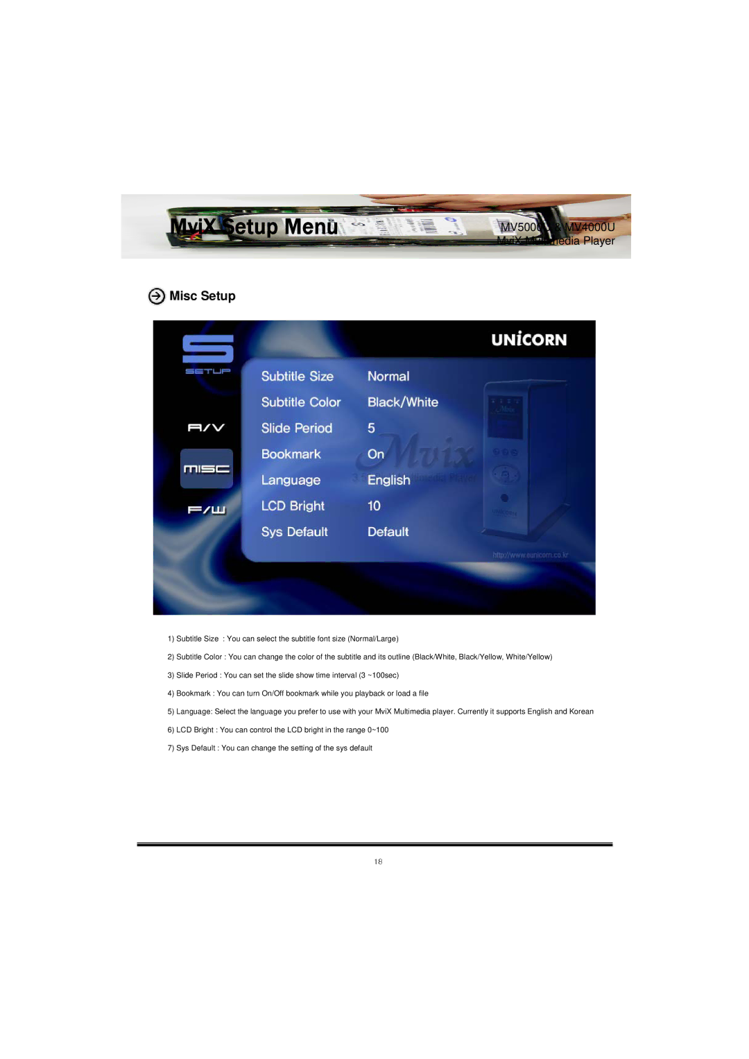 Mvix MV-4000U, MV-5000U, MV5000U, MV4000U user manual Misc Setup 