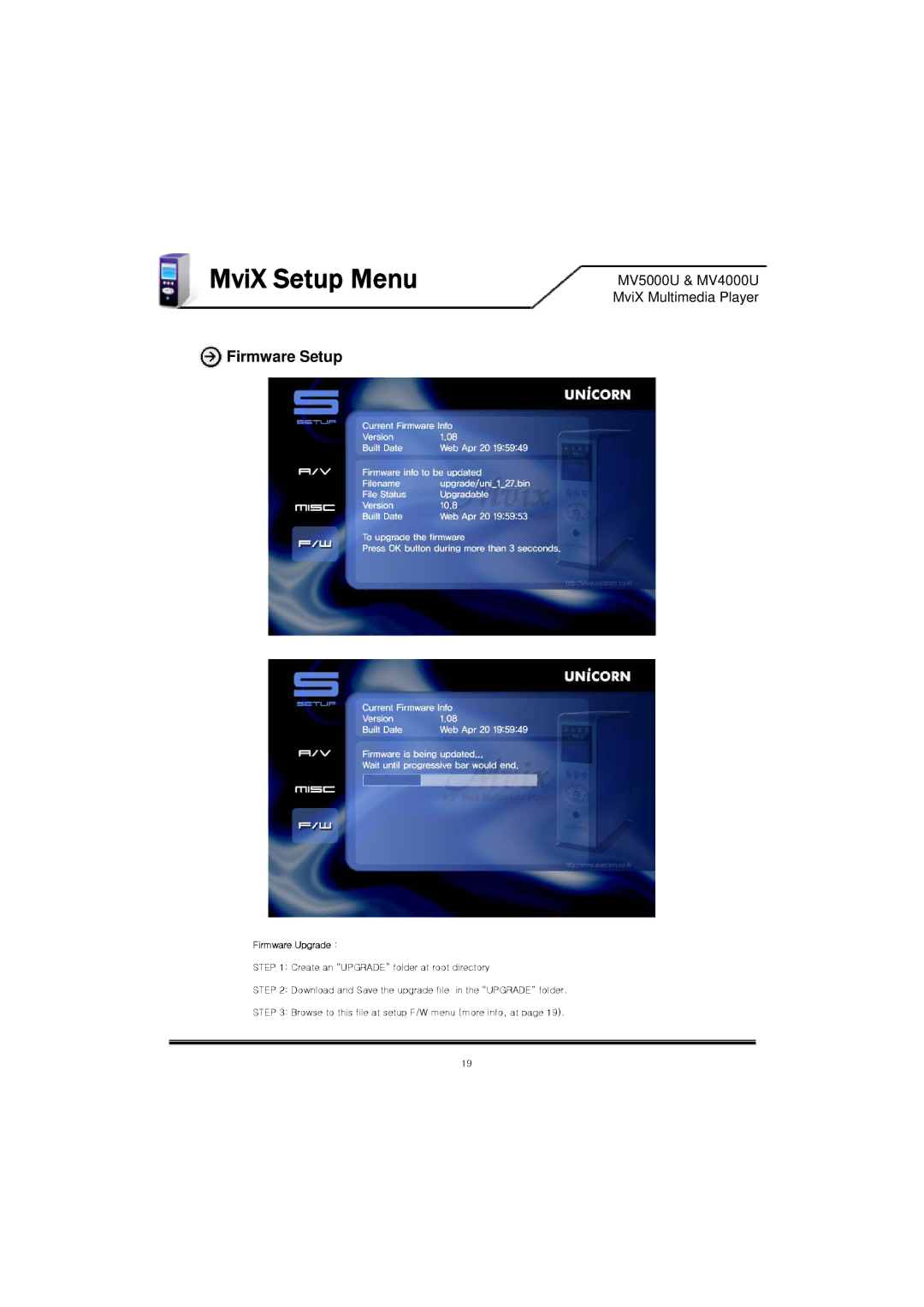 Mvix MV4000U, MV-5000U, MV5000U, MV-4000U user manual Firmware Setup, Firmware Upgrade 