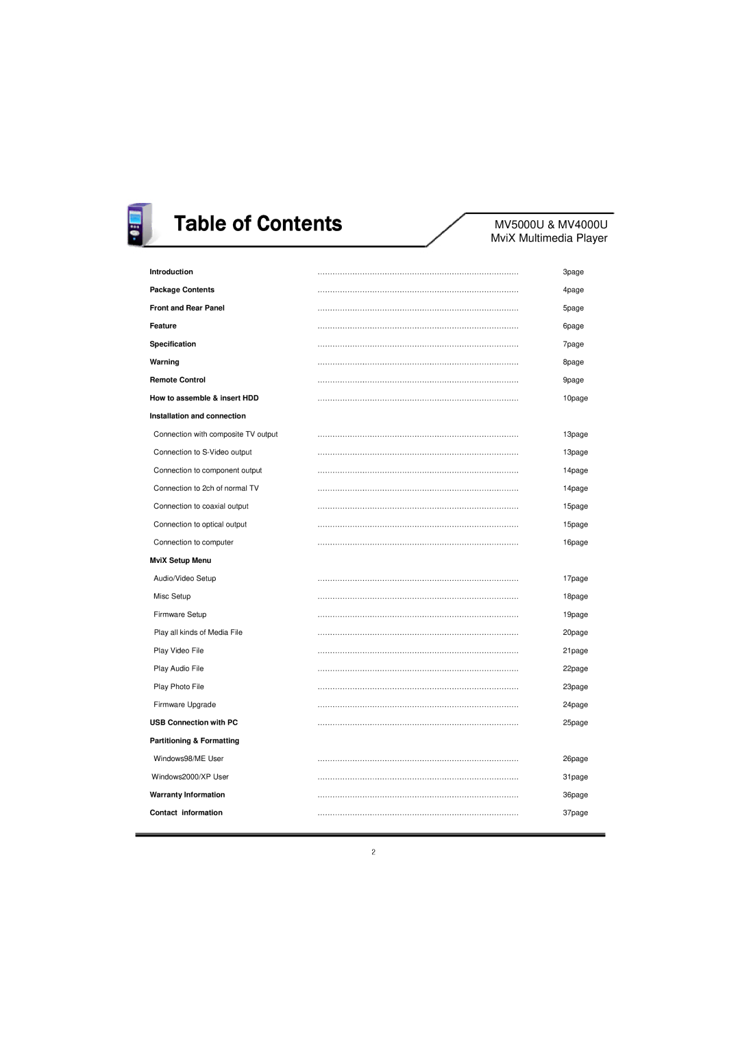 Mvix MV-4000U, MV-5000U, MV5000U, MV4000U user manual Table of Contents 