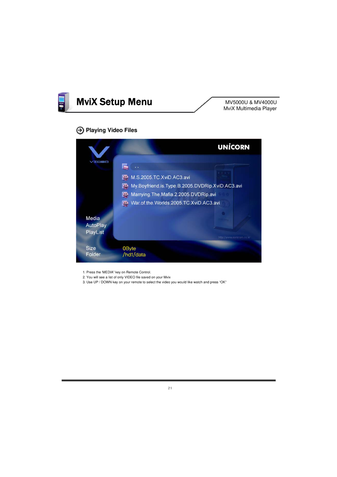 Mvix MV5000U, MV-5000U, MV-4000U, MV4000U user manual Playing Video Files 