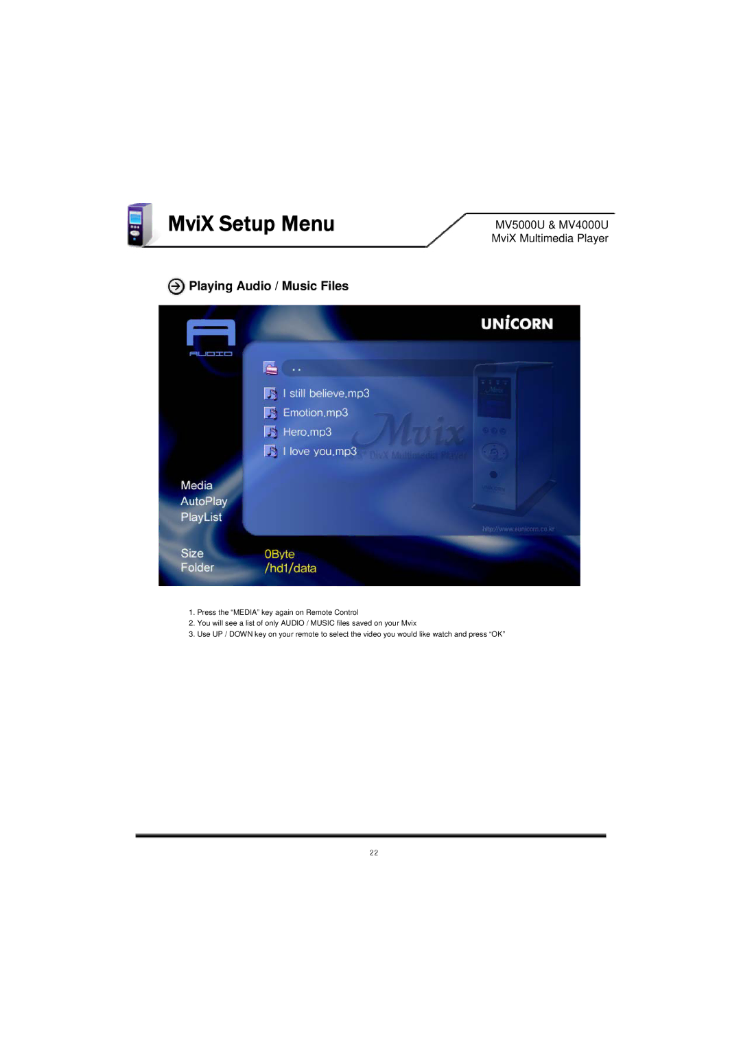 Mvix MV-4000U, MV-5000U, MV5000U, MV4000U user manual Playing Audio / Music Files 