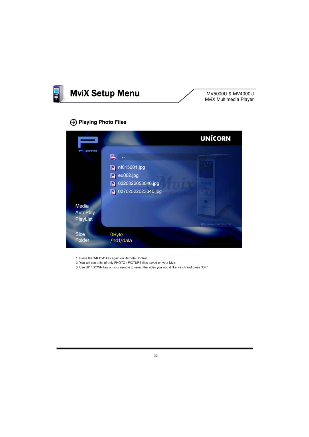 Mvix MV4000U, MV-5000U, MV5000U, MV-4000U user manual Playing Photo Files 