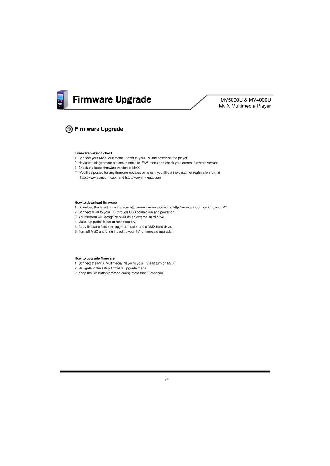 Mvix MV-5000U, MV5000U, MV-4000U, MV4000U user manual Firmware Upgrade 