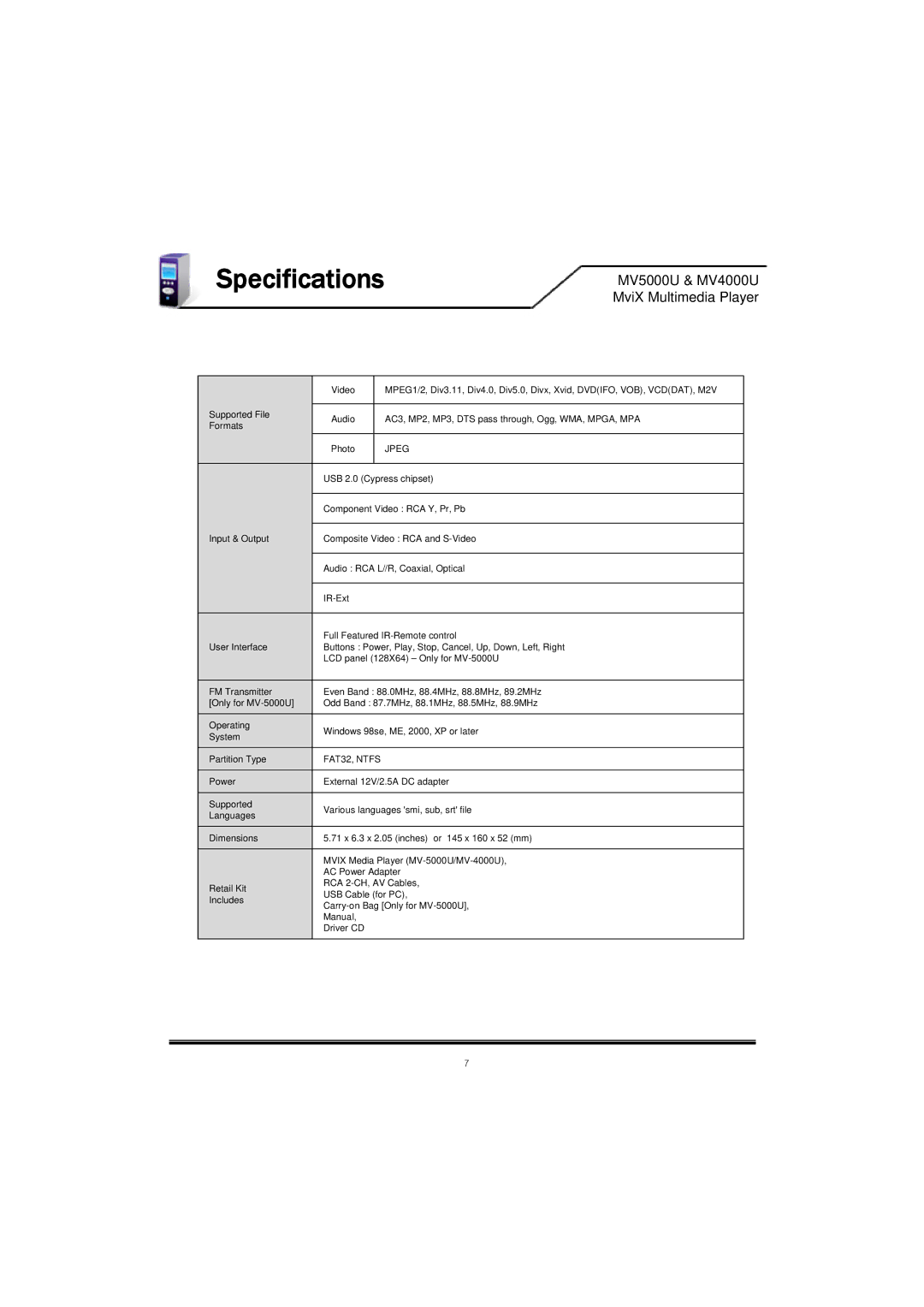 Mvix MV4000U, MV-5000U, MV5000U, MV-4000U user manual Specifications, Jpeg 