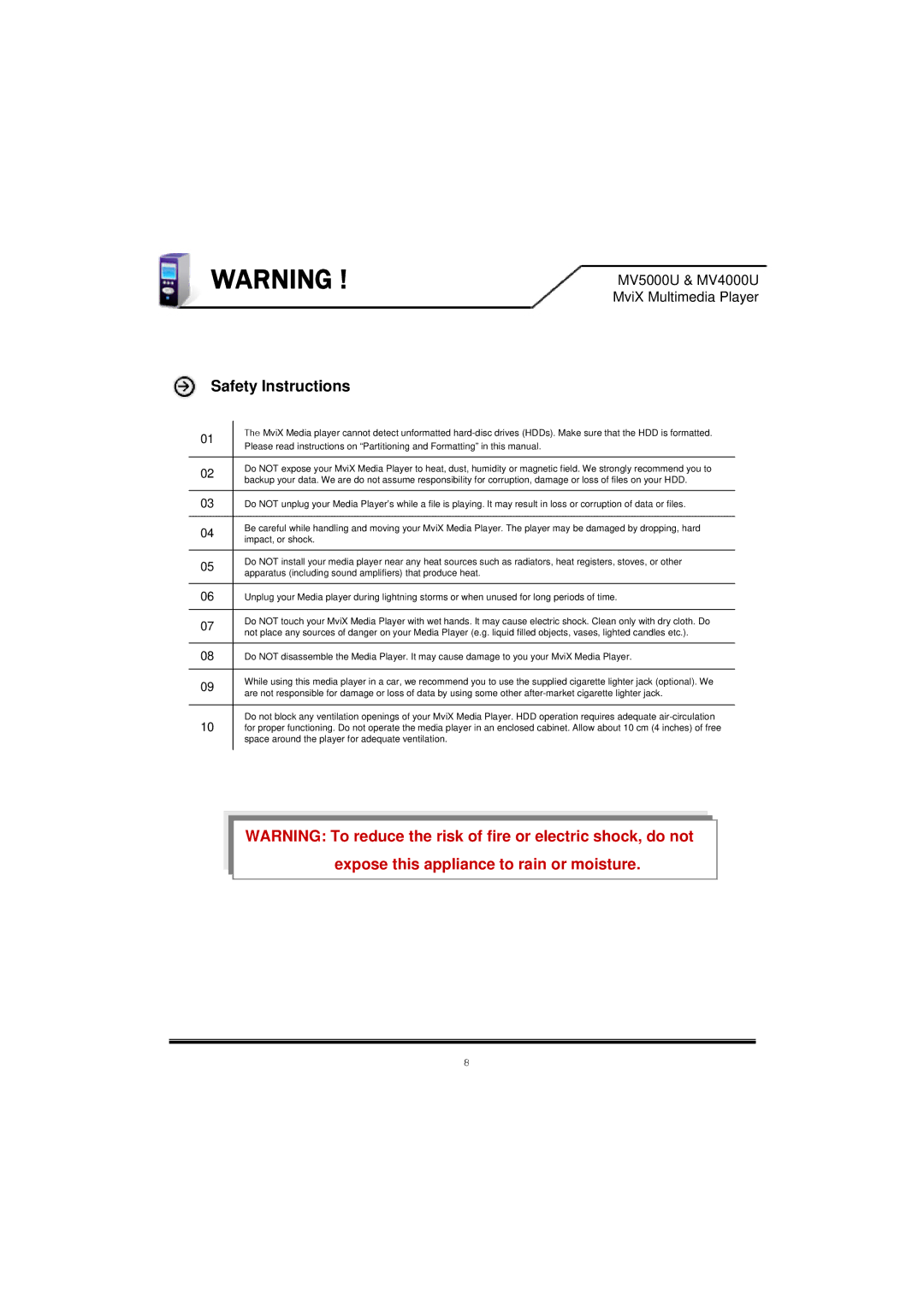 Mvix MV-5000U, MV5000U, MV-4000U, MV4000U user manual Safety Instructions 