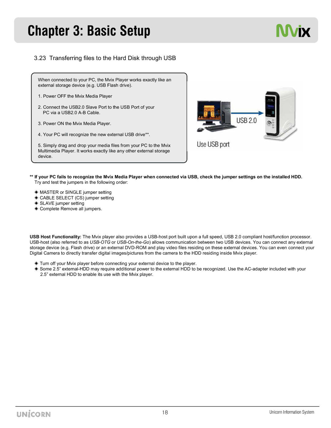 Mvix MX-760HD manual Transferring files to the Hard Disk through USB 