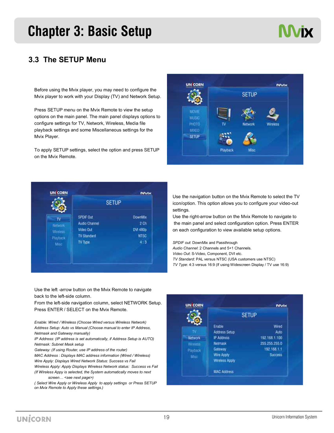 Mvix MX-760HD manual Setup Menu 