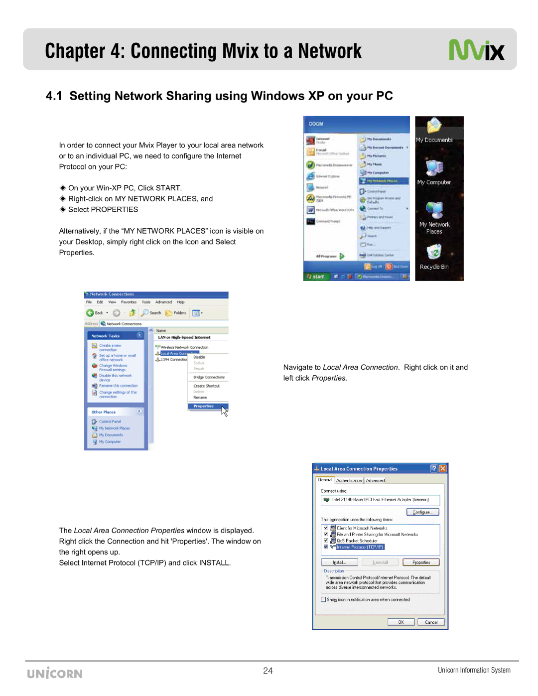 Mvix MX-760HD manual Connecting Mvix to a Network, Setting Network Sharing using Windows XP on your PC 