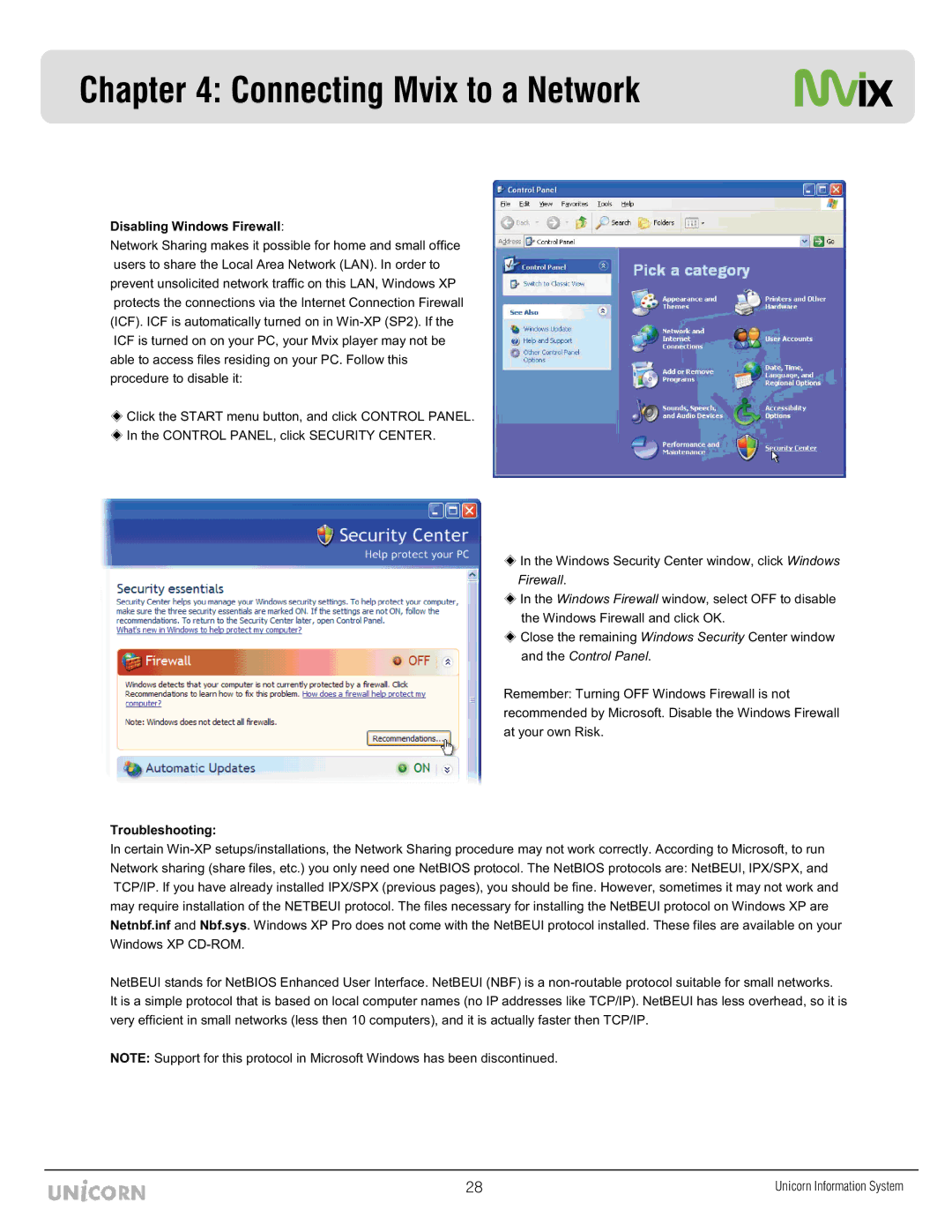 Mvix MX-760HD manual Disabling Windows Firewall 