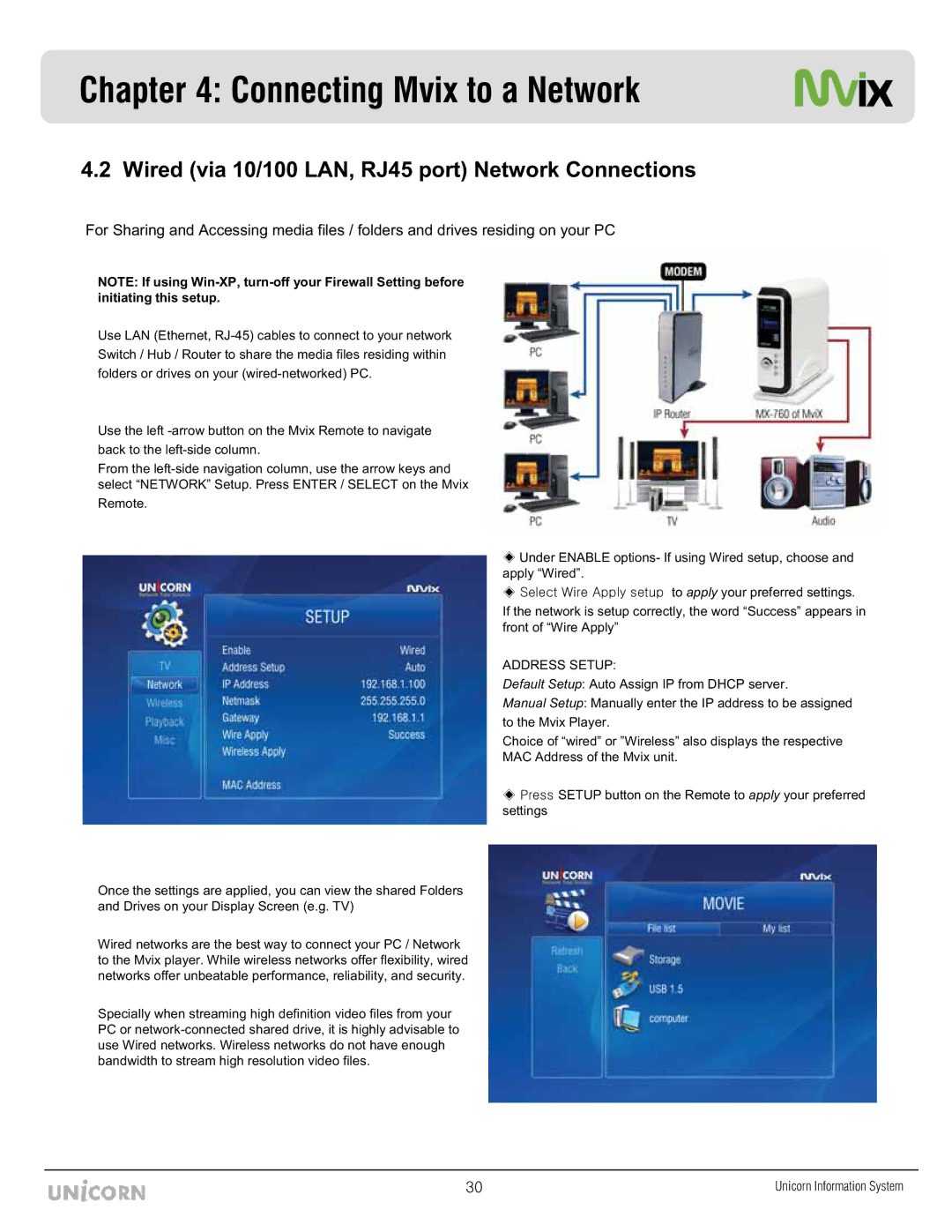 Mvix MX-760HD manual Wired via 10/100 LAN, RJ45 port Network Connections, Address Setup 