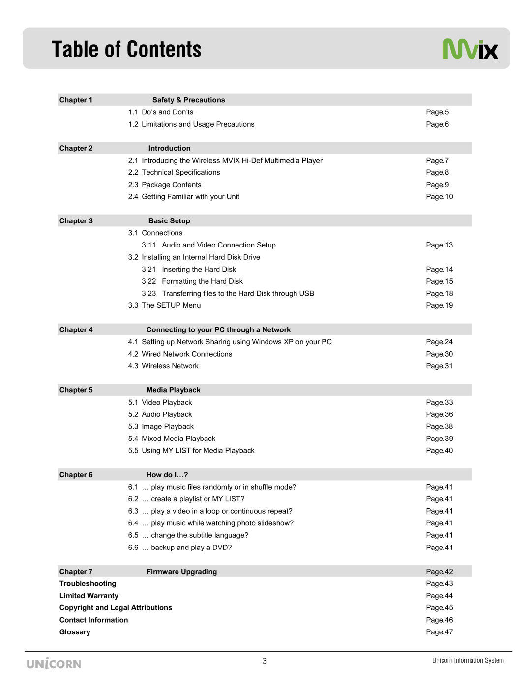 Mvix MX-760HD manual Table of Contents 