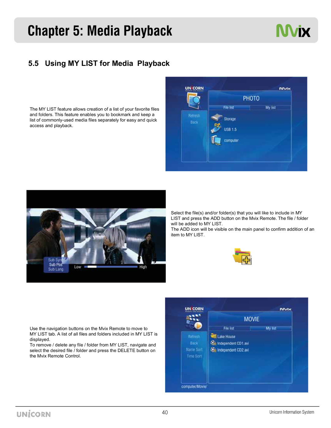 Mvix MX-760HD manual Using MY List for Media Playback 