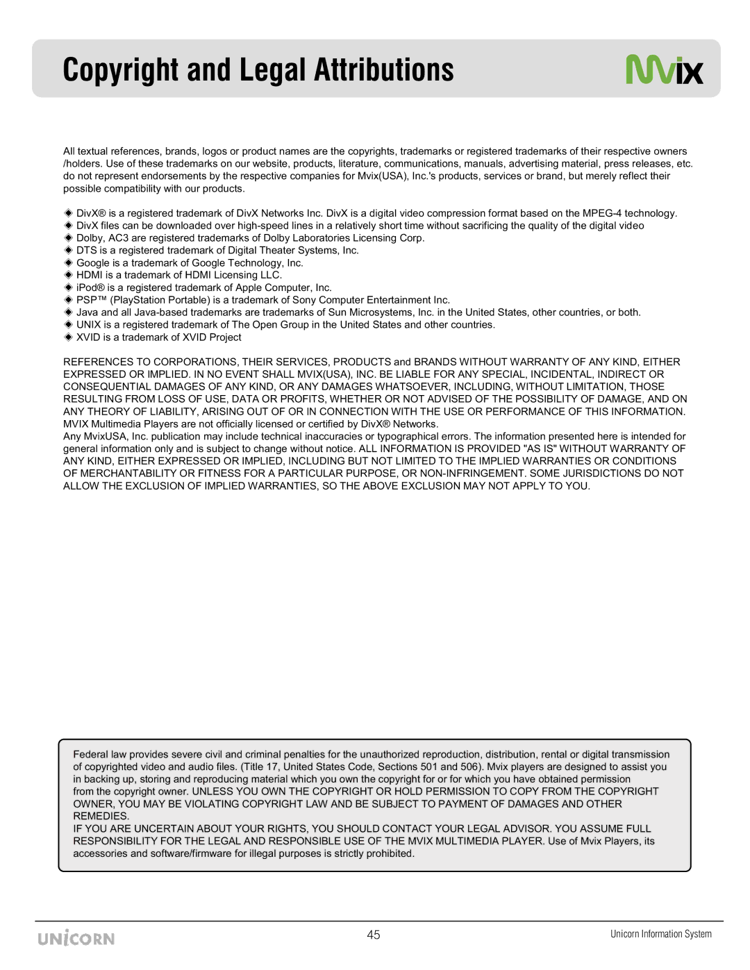 Mvix MX-760HD manual Copyright and Legal Attributions 