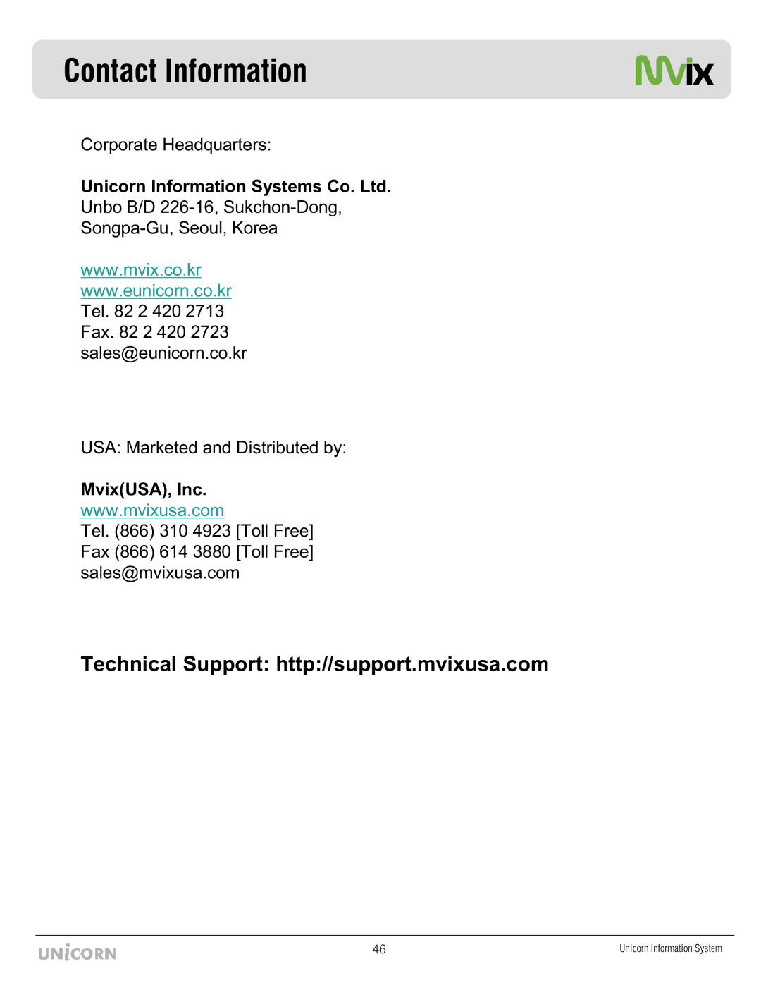 Mvix MX-760HD manual Contact Information, MvixUSA, Inc 