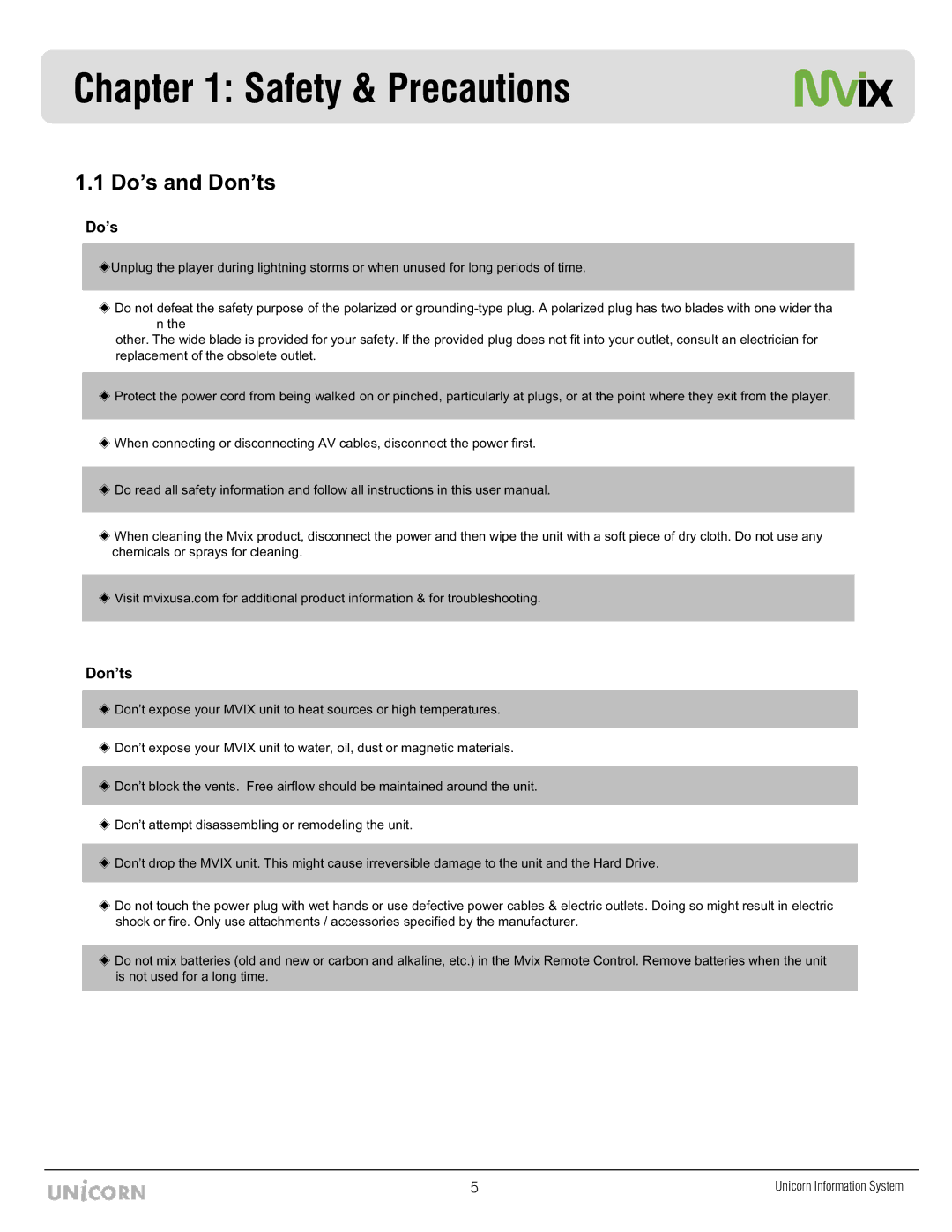 Mvix MX-760HD manual Safety & Precautions, Do’s and Don’ts 