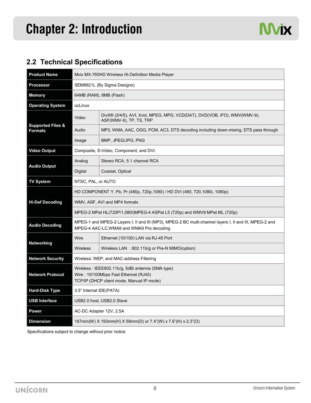 Mvix MX-760HD manual Technical Specifications, Operating System 