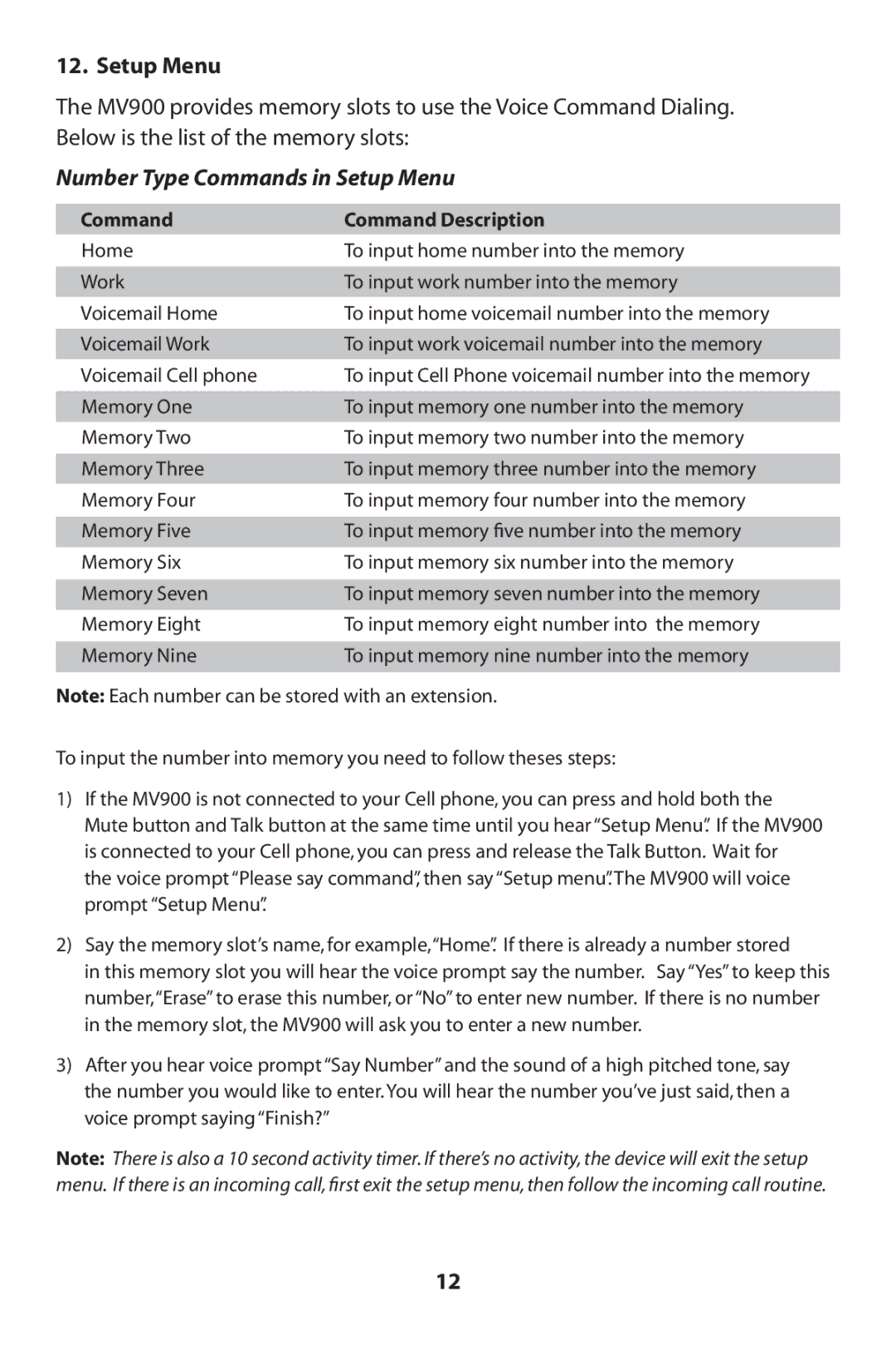 MVOX electronic MV900 manual Number Type Commands in Setup Menu 