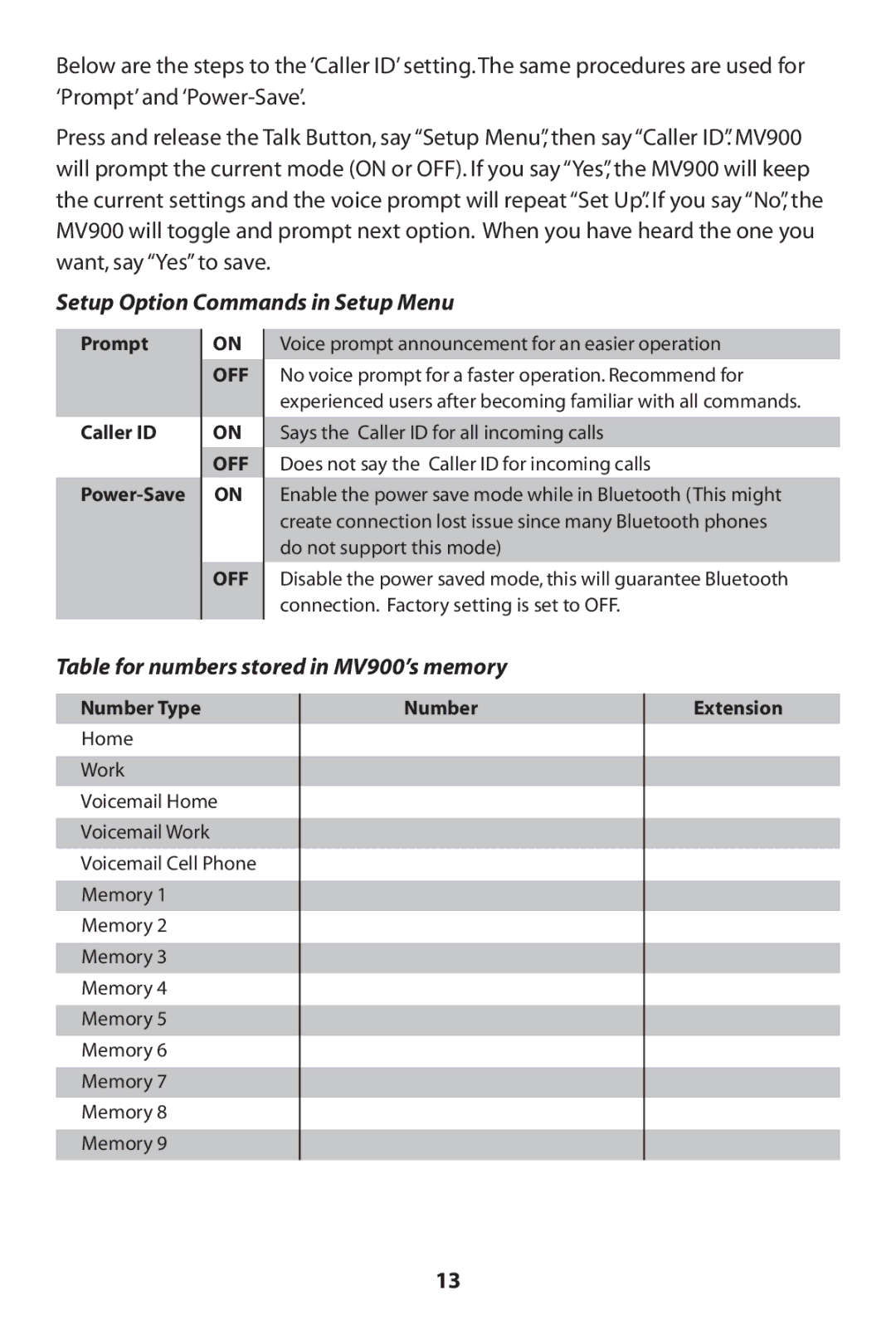 MVOX electronic manual Setup Option Commands in Setup Menu, Table for numbers stored in MV900’s memory 