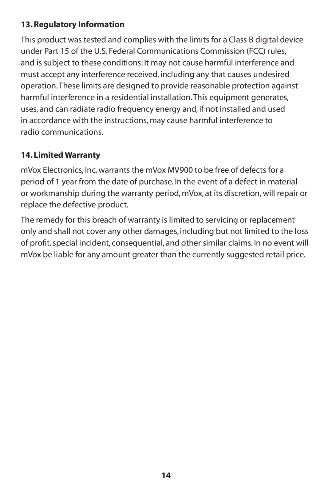 MVOX electronic MV900 manual Regulatory Information 