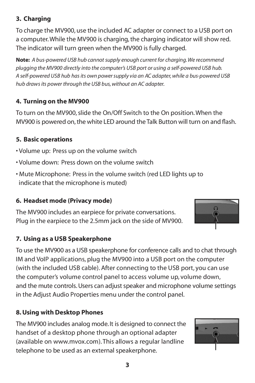 MVOX electronic manual Charging, Turning on the MV900 